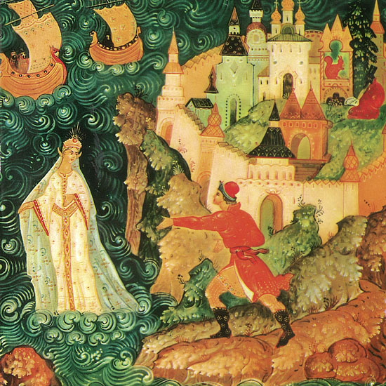 Мстерская лаковая миниатюра. Л.Г.Зуйков. Шкатулка «Сказка о царе Салтане»