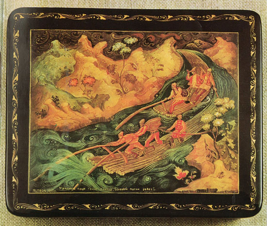 Мстерская лаковая миниатюра. Ю.М.Ваванов. Коробка «Красные люди гонят плоты, зелёный поток ревёт»