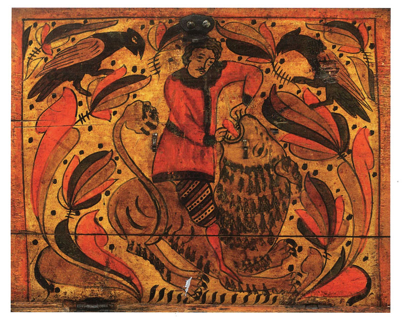Роспись на крышке сундука. Самсон, раздирающий пасть льва