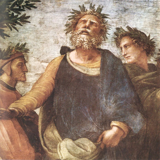 Данте, Гомер, Вергилий. Фрагмент фрески Рафаэля «Парнас» в станцах Ватикана