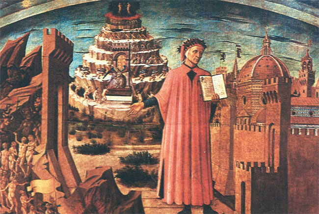 Данте с Божественной комедией в руках. Фреска Доменико ди Микелино(?) в Санта Мария дель Фьоре